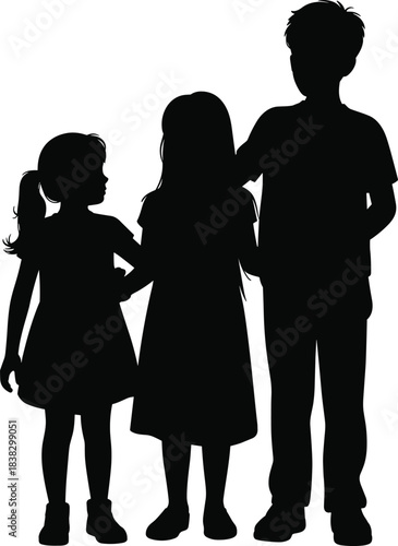 Silhouette of three children standing together showing friendship, unity, childhood bonding, supportive siblings, caring group connection