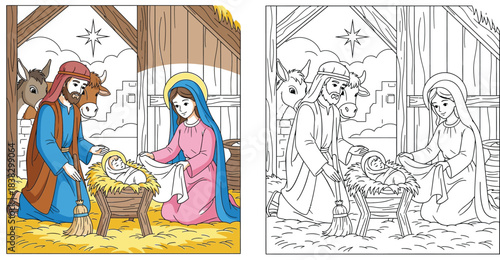 Christmas nativity scene coloring page vector illustration with Mary Joseph and Baby Jesus in a stable with animals, split screen showing colored version and outline for kids activity