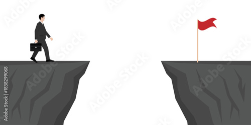 Businessman get ready to jump over a Cliff to get Victory Flag. Goal Achievement and Business Success Concept. 