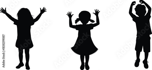 Silhouette of three happy children raising arms in playful pose, joyful kids standing together expressing excitement, energy, and fun
