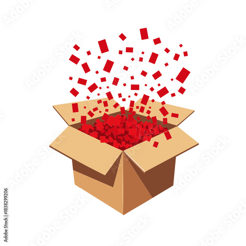 Open cardboard box with red confetti in flat vector style for celebration concept and surprise element - party or holiday packaging icon