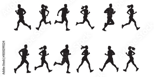 This image displays a collection of black silhouette figures of people running. They are arranged in two rows of six figures each, with alternating male and female silhouettes in each row. 