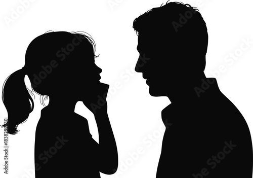 Silhouette of young girl talking to adult man communication scene parent child interaction concept isolated illustration profile view