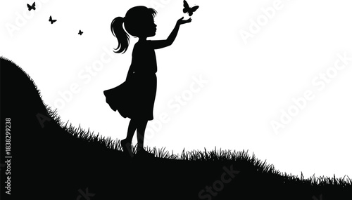 Silhouette of young girl standing on grassy hill reaching toward flying butterflies in peaceful outdoor nature scene illustration