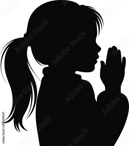 Silhouette of young girl praying with hands together peaceful child profile illustration expressing hope faith and contemplation