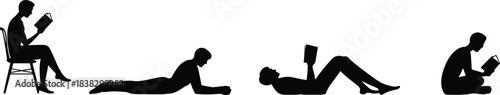 Silhouette sequence of person reading in multiple relaxed positions showing study, learning, relaxation and focused activity in minimal style