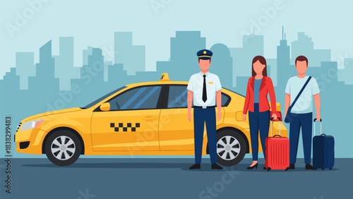 Professional taxi driver stands ready with a bright yellow cab to transport passengers with luggage against a city skyline backdrop