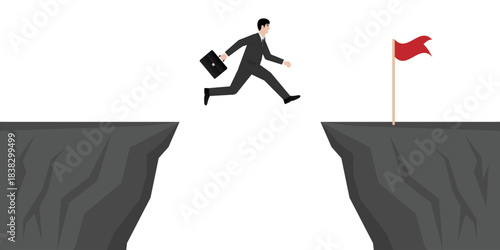 Businessman Jumping over a Cliff to get Victory Flag. Goal Achievement and Business Success Concept. 