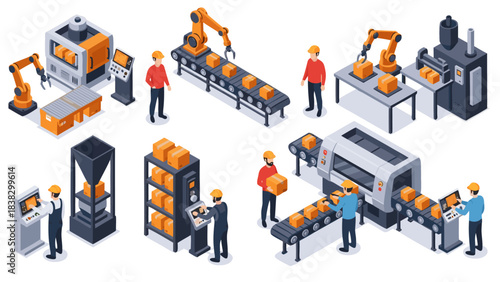 Isometric illustration depicting modern automated factory floor operations with robotic arms conveyor belts and human workers managing production