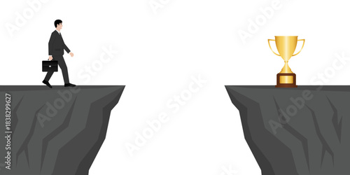 Businessman get ready to jump over a Cliff to get Trophy. Goal Achievement and Business Success Concept. 