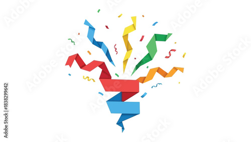 Celebratory Cascade of Color: A vibrant explosion of origami ribbons and confetti bursts forth, capturing a moment of joyous celebration and festive cheer.