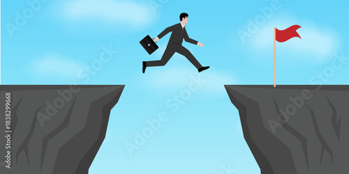 Businessman Jumping over a Cliff to get Victory Flag. Goal Achievement and Business Success Concept. 