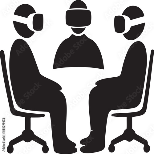 Three people wearing virtual reality headsets at a table representing a virtual meeting vector icon.