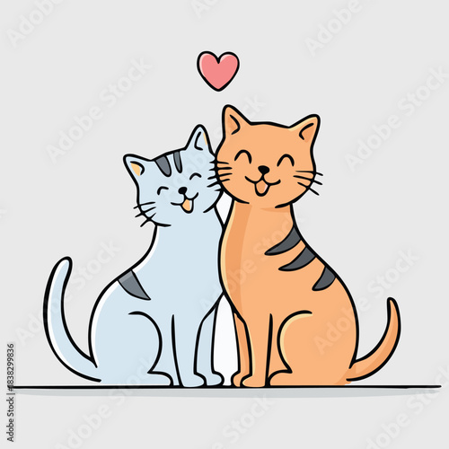 Two happy cartoon cats sit next to each other, leaning against each other, with joyful smiles and their eyes closed in contentment. 