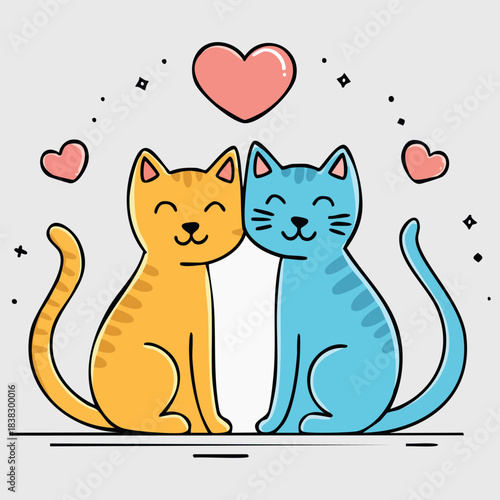 Two happy cartoon cats sit next to each other, leaning against each other, with joyful smiles and their eyes closed in contentment. 