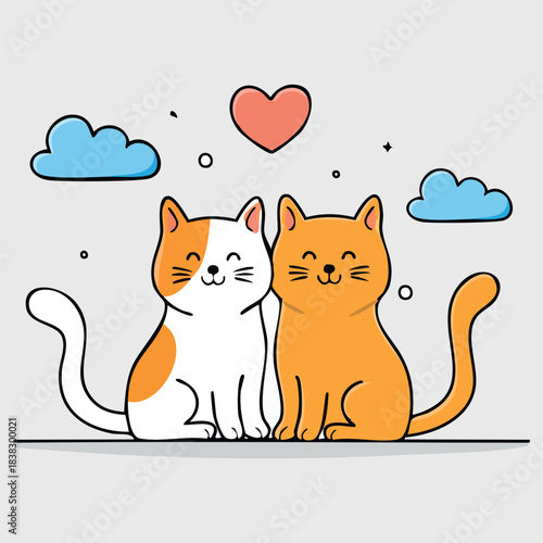Two happy cartoon cats sit next to each other, leaning against each other, with joyful smiles and their eyes closed in contentment. 