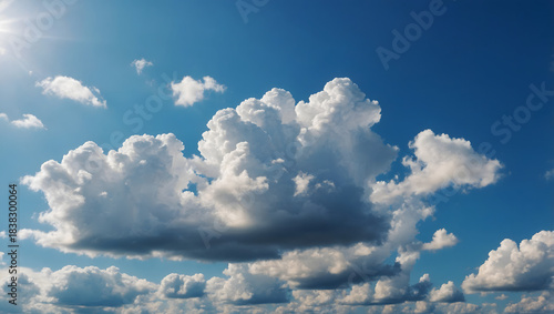 Bright sunlight illuminates fluffy cumulus clouds in a clear blue sky