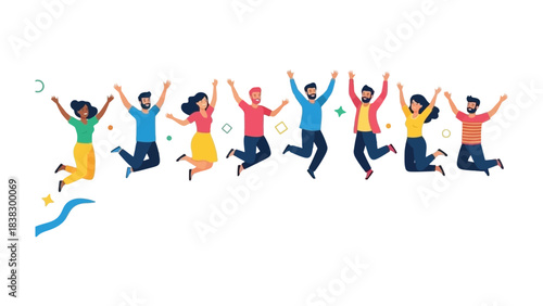 Jumping for joy: A vibrant illustration depicts a diverse group of individuals leaping exuberantly, arms raised high in a celebration of shared happiness and collective well-being.