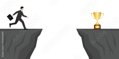 Businessman get ready to jump over a Cliff to get Trophy. Goal Achievement and Business Success Concept. 
