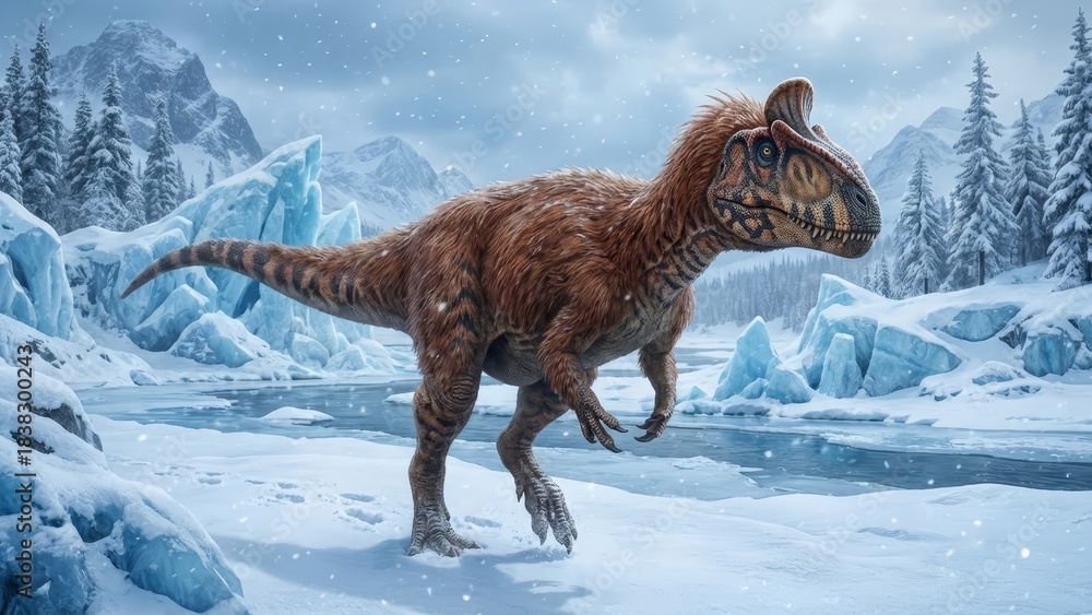 Fototapeta premium Cryolophosaurus dinosaur covered in feathers, enduring a harsh winter climate within a snowy glacial environment, surrounded by icebergs and frozen evergreen trees under a cold sky