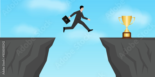Businessman Jumping over a Cliff to get Trophy. Goal Achievement and Business Success Concept. 