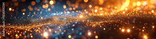 Panoramic view of golden and blue bokeh lights abstract background