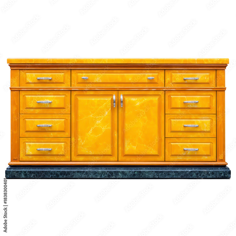 Fototapeta premium Yellow wooden cabinet with marble base, featuring multiple drawers and silver handles, suitable for kitchen or living room storage, modern and elegant design, bright and cheerful style