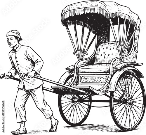 Vintage Rickshaw Illustration: Hand-Drawn Traditional Asian Pulled-Carriage with Driver