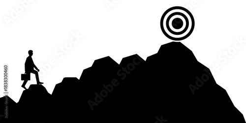 Businessman Climbing to Peak of the Mountain to Reach Target Silhouette. Goal Achievement and Business Success Concept. 