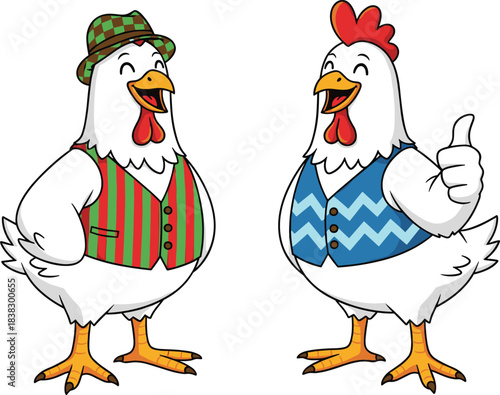 Cartoon chickens in colorful vests with expressive gestures, humorous farm characters, anthropomorphic design, flat vector illustration
