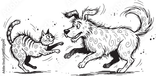 Playful Pets Illustration: Happy Dog and Energetic Cat Chasing and Jumping