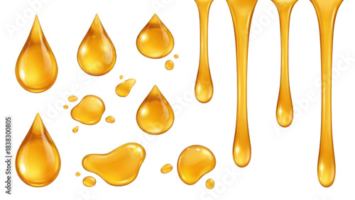 Realistic Golden Yellow Liquid Drops and Dripping Splashes Isolated Vector Illustration