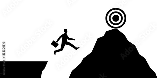 Businessman Jumping to Peak of the Mountain to reach Target. Goal Achievement and Business Success Concept. 