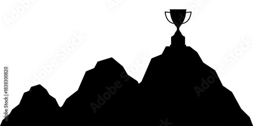 Trophy on the Top of Mountain Silhouette. Goal Achievement and Business Success Concept. 