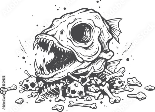Ferocious Predator Skull: Detailed Line Art of Carnivorous Fish Bones and Teeth