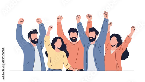 Unity in Solidarity: A diverse group of people raises their fists in a symbol of unity, strength, and collective action, embodying the spirit of solidarity.