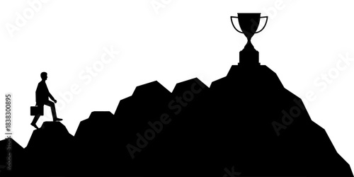 Businessman Climbing to Peak of the Mountain to get Trophy Silhouette. Goal Achievement and Business Success Concept. 