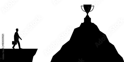 Businessman Walking to Peak of the Mountain to get Trophy Silhouette. Goal Achievement and Business Success Concept. 
