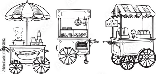Classic Street Food Vending Cart Icon Set - Hot Dog, Pretzel, and Ice Cream