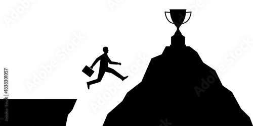 Businessman Jumping to Peak of the Mountain to get Trophy Silhouette. Goal Achievement and Business Success Concept. 