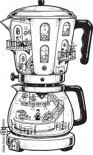 Surreal Coffee Culture: Detailed Illustration of Cafe and People Inside a Moka Pot