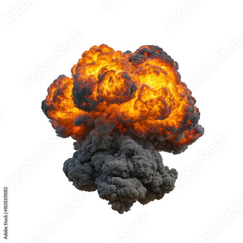 Explosive fireball orange flame black smoke dramatic blast isolated on transparent background intense energy destruction chaos danger heat