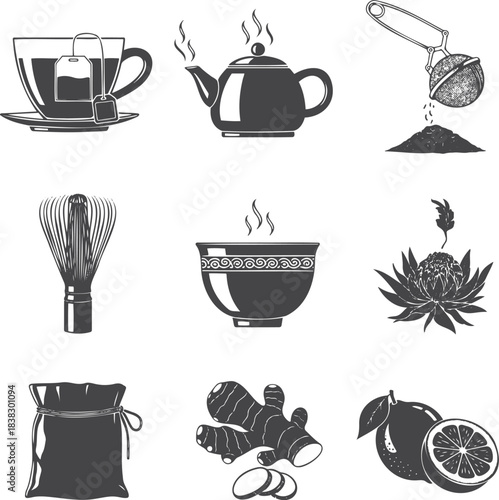 Collection of Vintage Black Icons for Herbal Tea, Matcha, and Citrus Infusions