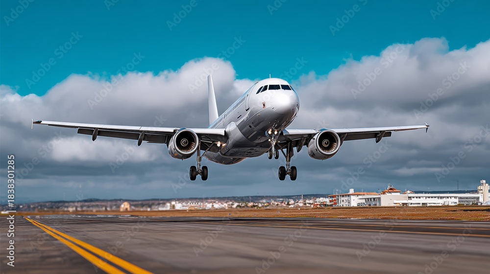 Obraz premium Airplane landing on runway with wheels down, showcasing aerodynamic design and powerful engines, against a backdrop of blue sky and fluffy clouds, capturing the essence of aviation