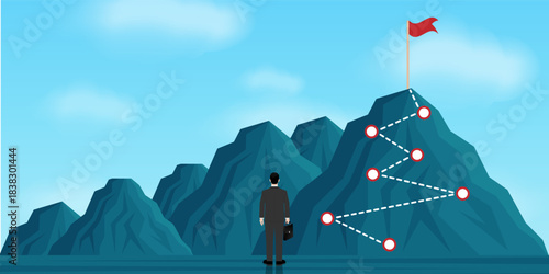 Businessman is looking for Victory Flag. Career Success or Goal Achievement Concept. Vector Illustration.