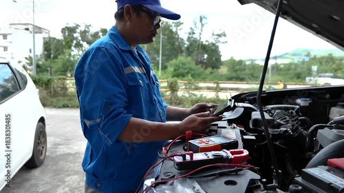 Service man to check car battery voltage, technician using multimeter, auto electrical check, vehicle maintenance service, close up diagnostic tool