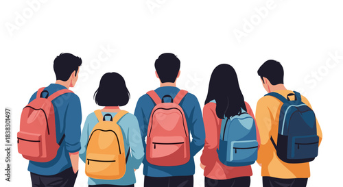 A diverse group of students with colorful backpacks walking together, viewed from behind on a plain white background.