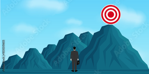 Businessman is looking for Business Target or Goal. Career Success or Goal Achievement Concept. Vector Illustration.