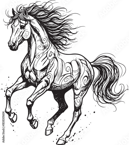 Rearing Horse with Majestic Mane and Stylized Scrollwork Body