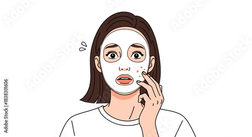 A woman wearing a face mask looks horrified and touches her cheek, realizing she has developed a sudden acne breakout.
